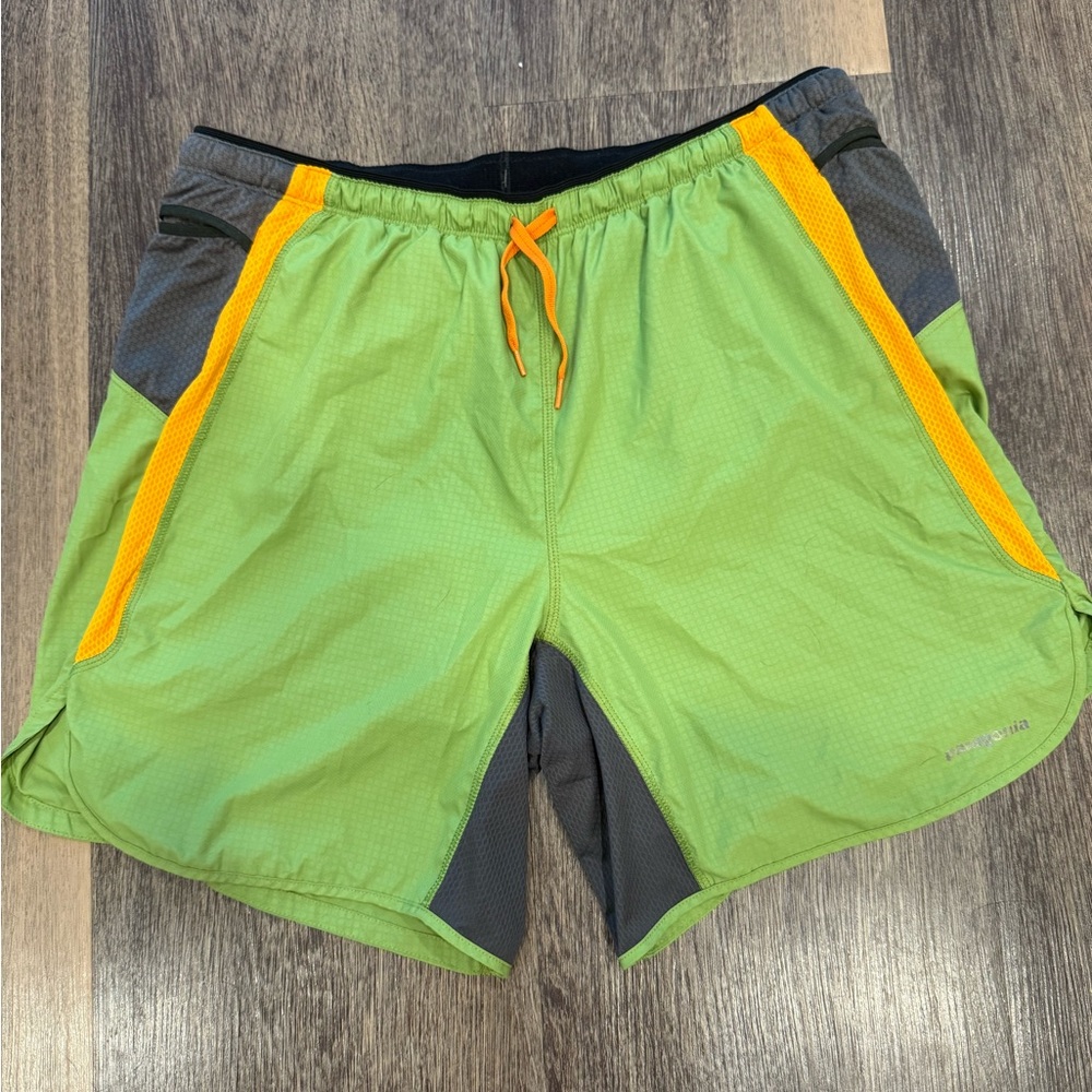 Patagonia Men’s Running Shorts – Size L – Green/Gray with Orange Trim